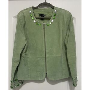 Karen Arnold Green Leather Front Zip Jacket Womens XL W/ Bead Embellishment